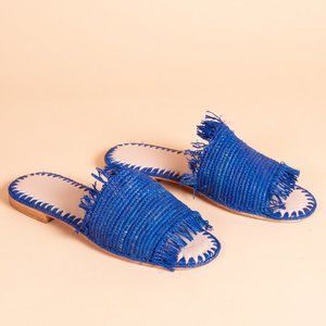 Raffia Sandal with Fringe (Blue)